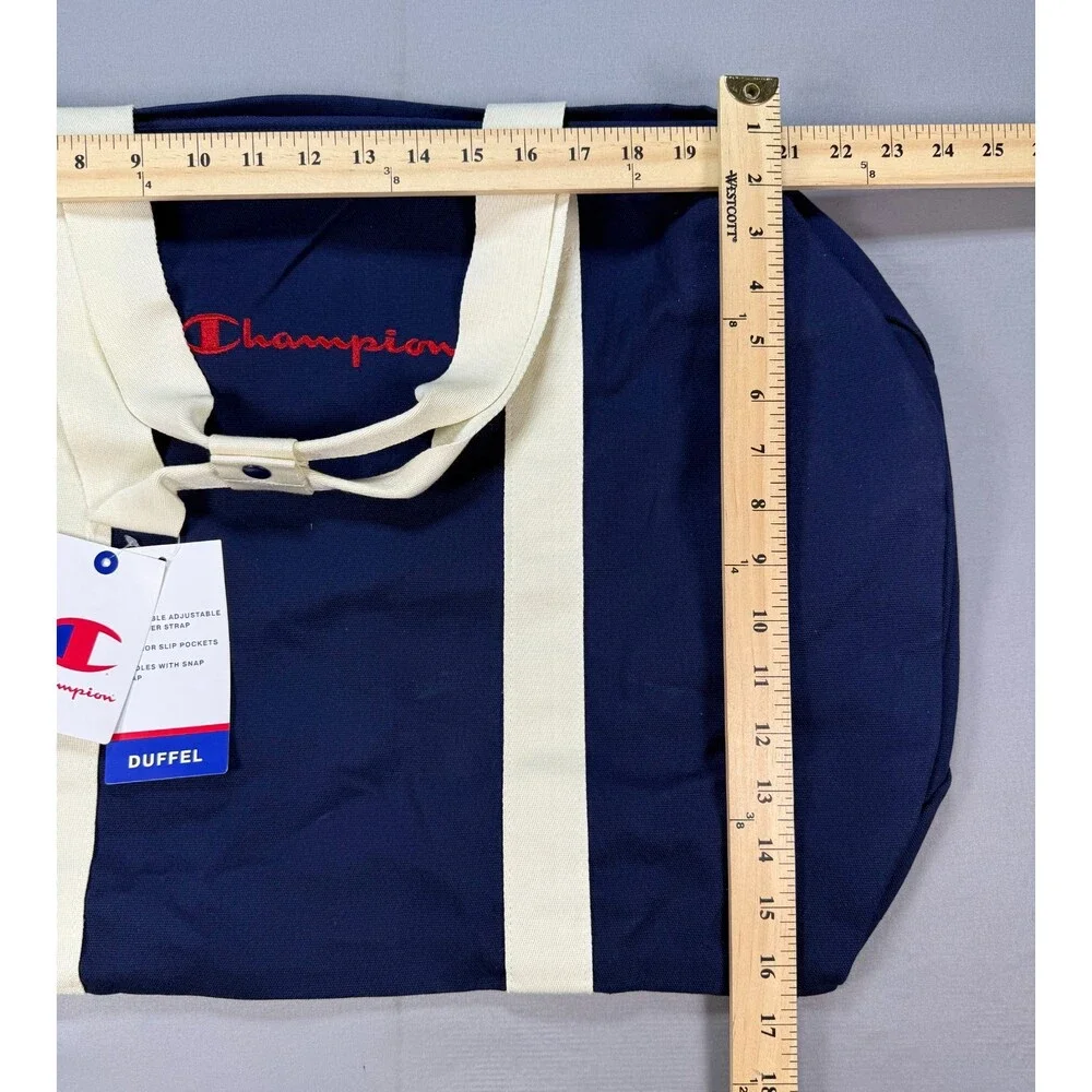 NWT Champion Canvas Duffel Bag Navy Blue Embroidered Logo Travel Weekender Gym